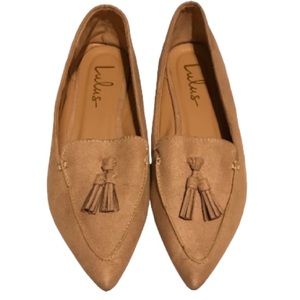 Lulus Camel Suede Slide on Loafers with Tassel.